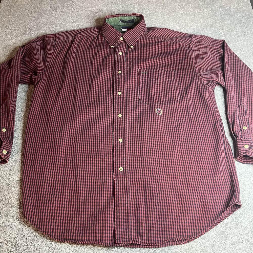 Vintage 90s Tommy Hilfiger Plaid Shirt Mens Large Red Black Check Green Collar L